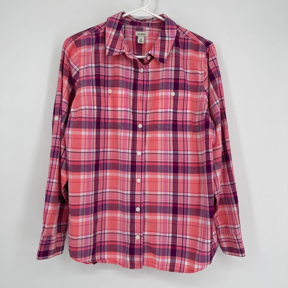 LL Bean Shirt Women MEDIUM Pink Plaid Cotton Gorpcore Camping Hiking Summer Fall